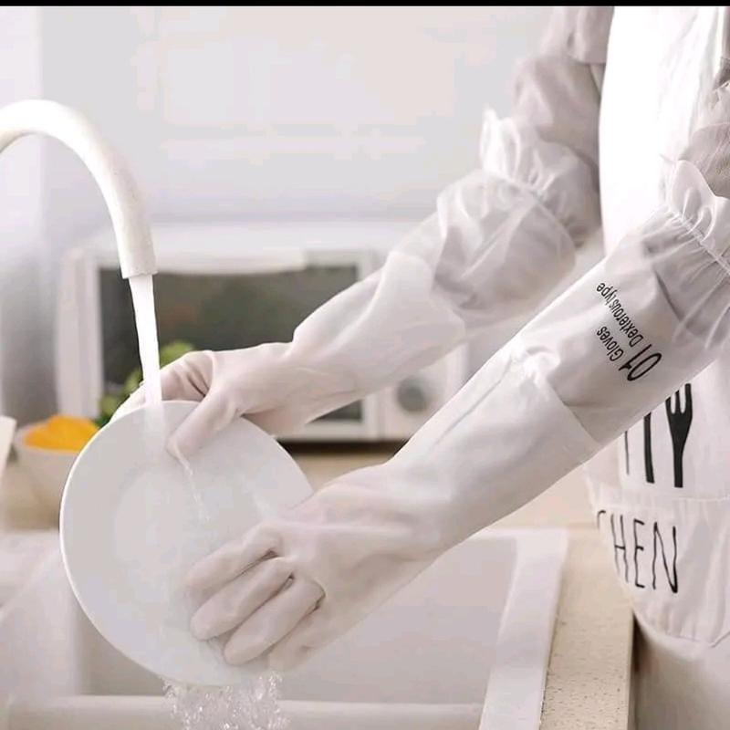 Găng tay rửa bát cao su cổ cao lót nỉ bo viền chun đa năng