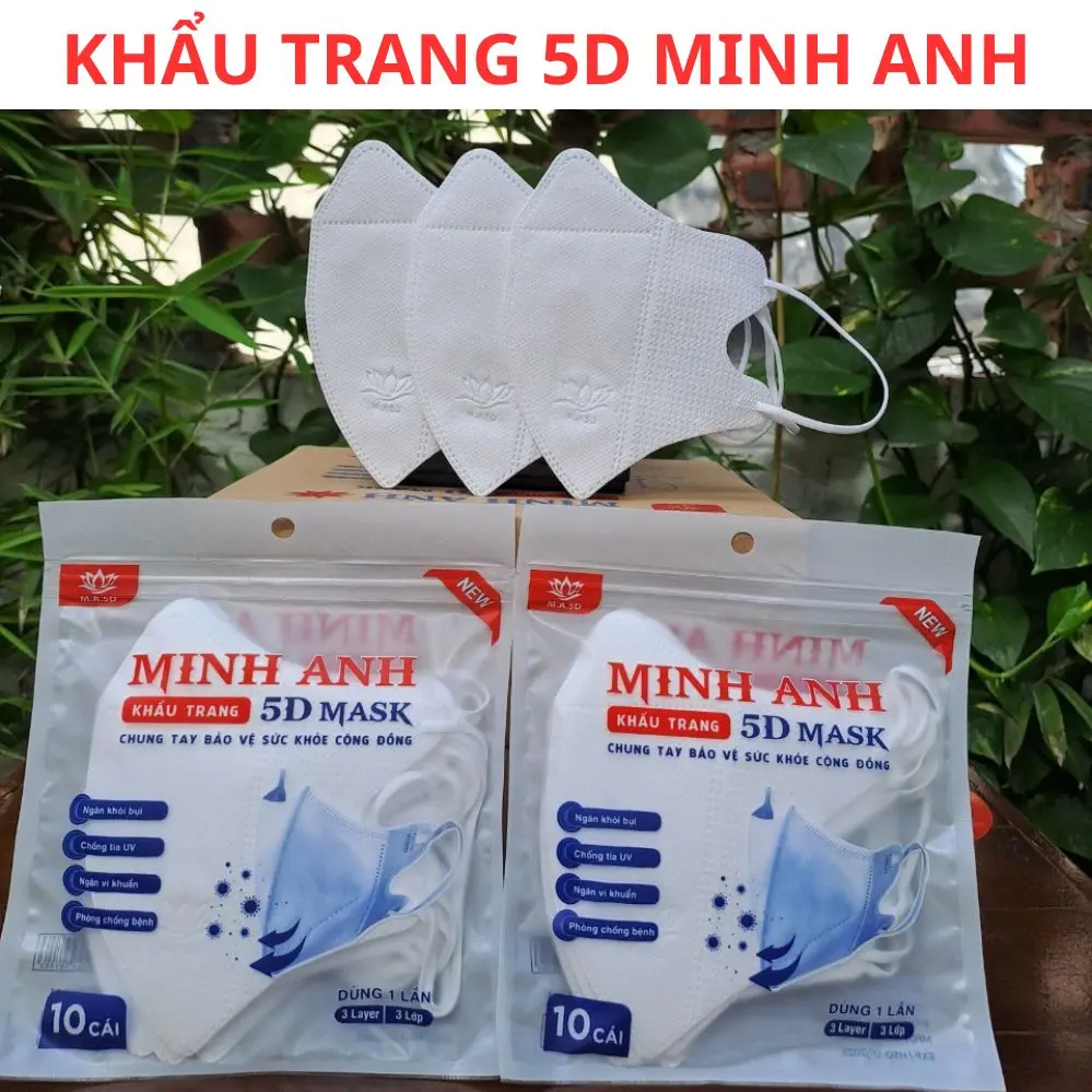 Khẩu trang 5D MINH ANH, thùng 200 chiếc, Kháng Khuẩn, gồm 3 lớp, dành cho người Mặt To và Vừa.
