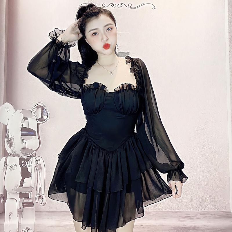 VÁY HOA BABY TRƠN DÀI TAY Thông thường Nữ từ 40-56kg Dáng ngắn Dress Đen