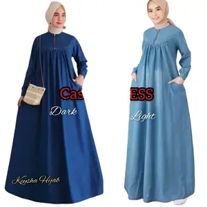 Ambi jeans gamis dewasa sleting dpn Muslim Wanita Baju Dress Variasi Panjang