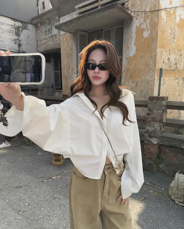 Áo Sơ Mi Croptop Dáng Rộng, Áo Somi Kiểu Dây Buộc Lưng Tay Rộng Chất Vải Thô Nến Miho House