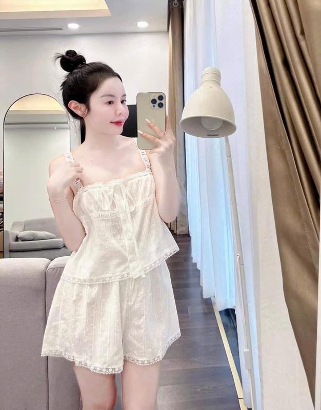  A6 - Áo 2 dây quần cộc đồ ngủ mặc nhà cho nữ hoạ tiết bông xù hồng- Bộ ngủ dễ thương hàng quảng châu cao cấp Women Quần Ngủ 