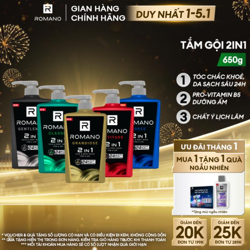   DUY NHẤT 1-5.1 Tắm gội Dưỡng Thể cho nam hương nước hoa Romano 2in1 650g chai 