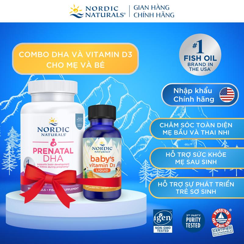 [Combo Mẹ & Bé] DHA bầu Triglyceride Nordic Naturals Prenatal  + Baby's Vitamin D3 lọ 22.5ml Nordic Naturals hỗ trợ sức khỏe Mẹ & Bé