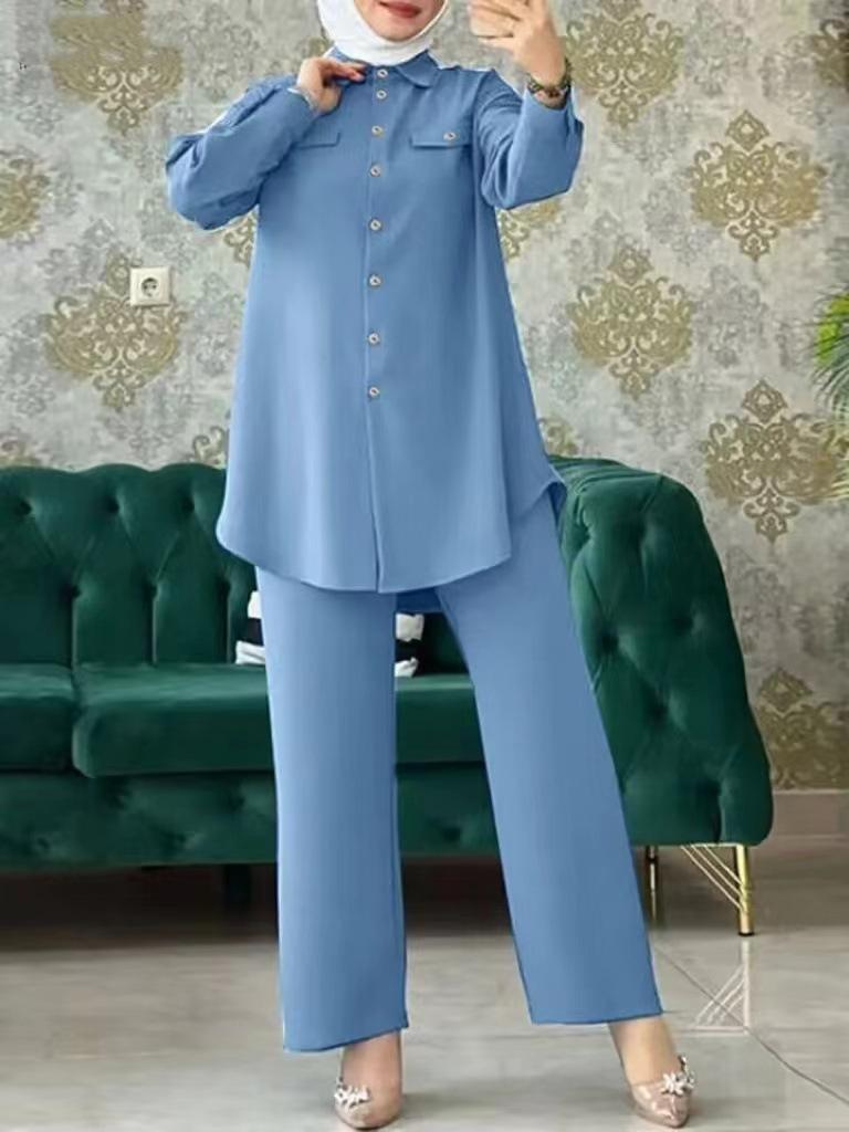 Product Introduction of 2025 New Fashion Versatile Elegant Trendy New Middle Eastern Muslim Solid Color Long Sleeve Button Pocket Shirt and Pants Two-Piece Set 6