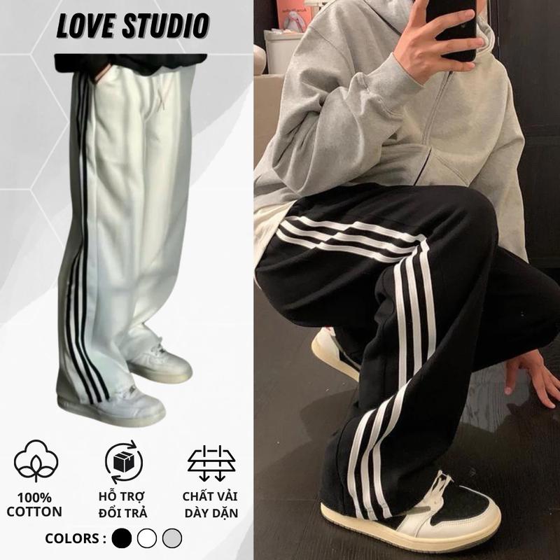 Quần Dài Nỉ Nam Nữ Thể Thao Kẻ 3 Sọc Ống Rộng Suông Dày Dặn Unisex Cạp Chun Lưng Cao Có Dây Rút Chỉnh Eo [Q08] Pants Women Ong Thun Sport đi chơi đi học đi làm