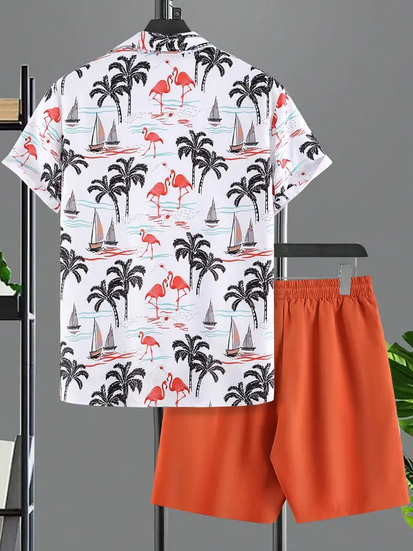 Men's Tropical Print Button Front Two-piece Set, Regular Fit Short Sleeve Shirt & Drawstring Pocket Shorts, Men's Outfits for Summer Beach Vacation 1