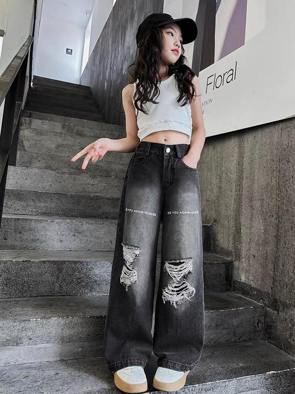 Quần Jean Xuông Rách Chữ SEE YOU AIAON  Màu Phong Cách Năng Động Cho Bé Gái Women Pants lưng thun