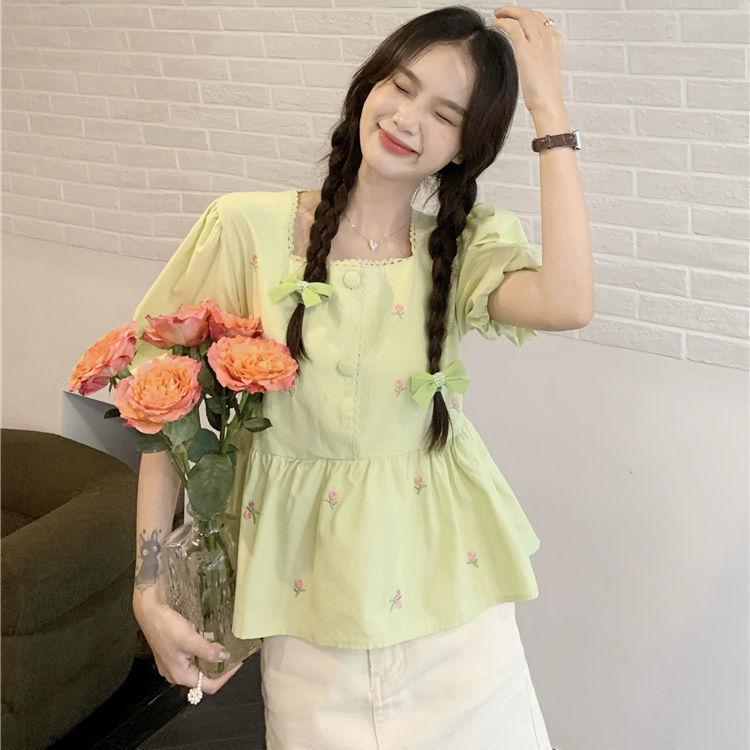 Áo Sơ Mi Hoa, Cổ Áo Vuông, Khâu Tay Phồng, Phong Cách Phương Tây Ngọt Ngào Dáng Rộng Vừa Vặn, ngắn Tay Áo, Áo Cánh Bé Gái, Thời Trang, Hàng Mới Về Mùa Hè 2022 3