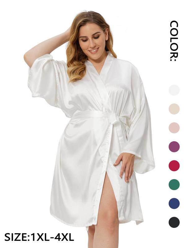 Plus Size Solid Belted Wrap Drop Shoulder Satin Robe, Casual Long Sleeve V Neck Dressing Gown for Daily Home Wear, Women's Sleepwear for All Seasons 1
