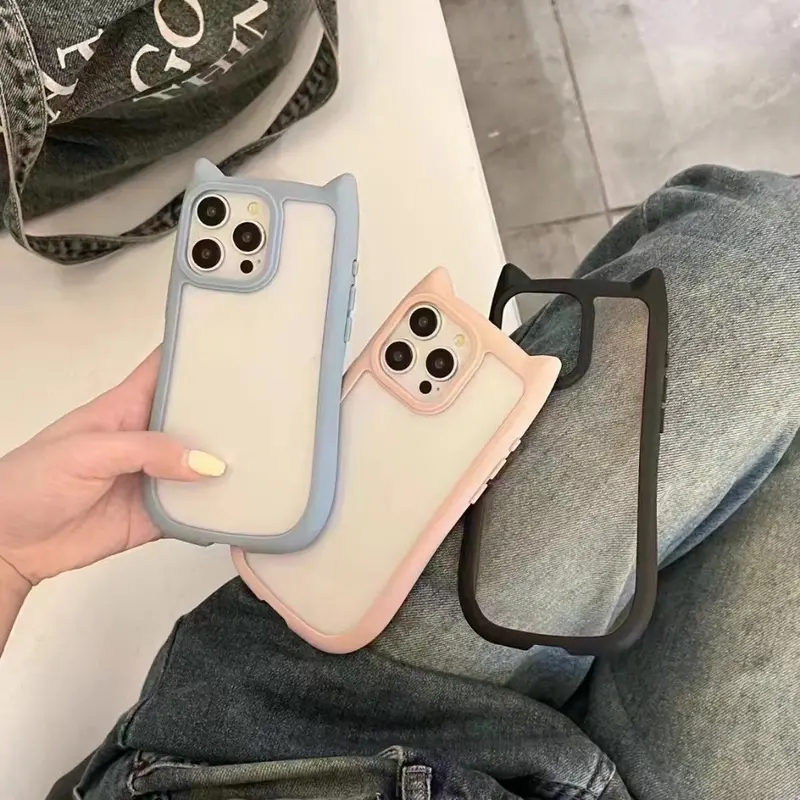 Ốp Trong Suốt Tai Mèo, Thiết Kế Dễ Thương, Tương Thích Với iPhone 16, 11, 12, 13, 14, 15, 16, Pro Max Và Pro Max Plus, Ốp Lưng Acrylic Cứng Chống Sốc, Silicon Mềm, Kawaii Funda 1