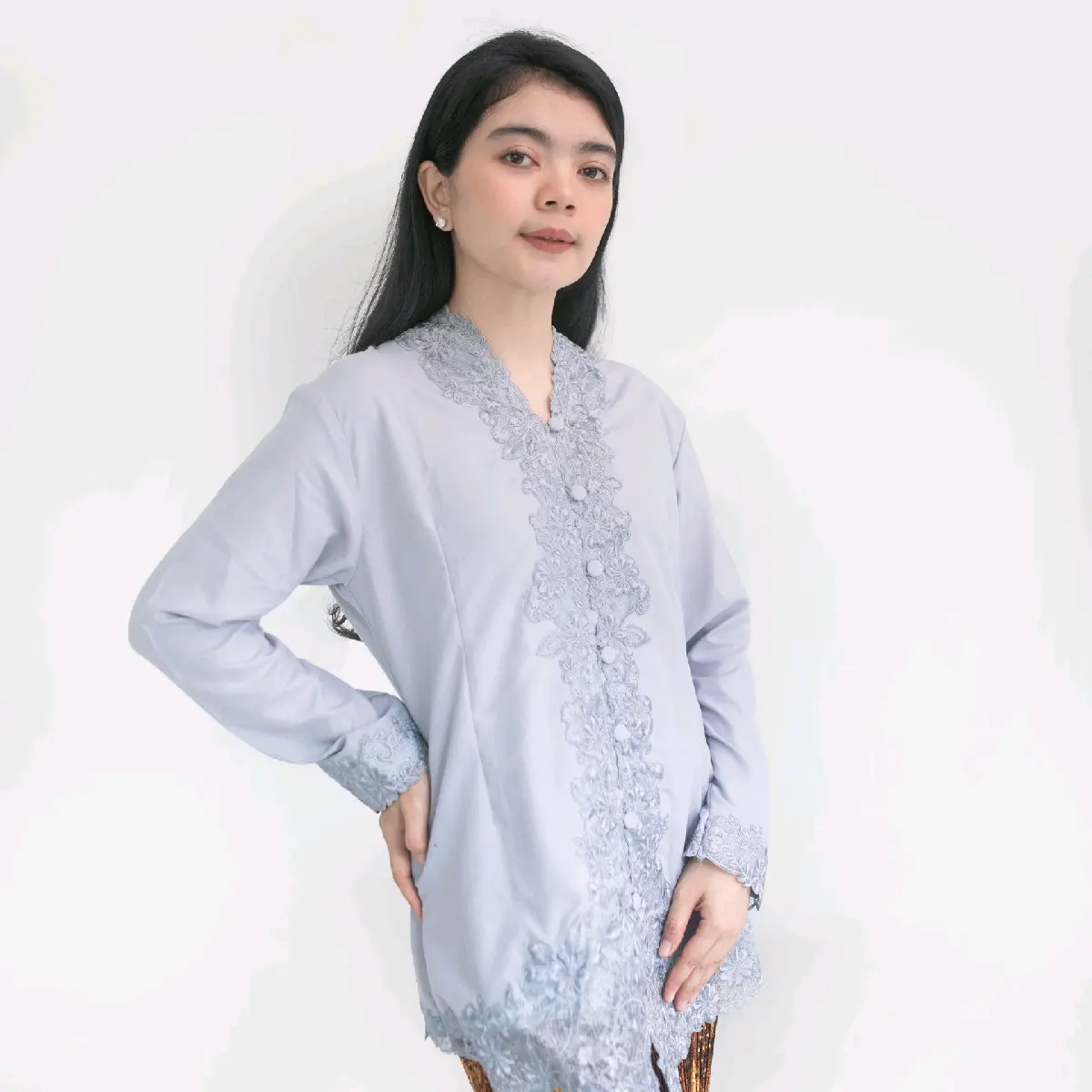 Kebaya Encim Bordir Senada Polos Lengan Panjang Katun Mikro