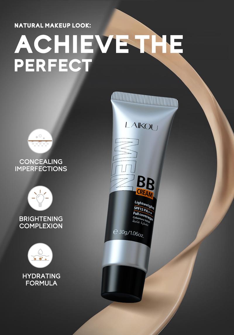 Product Introduction of BB Cream for Men Face Makeup Concealer Foundation Sunscreen Repair Liquid Foundation for Oil Control Brighten Skin Tone 30g Lightweight Waterproof Compact Set Smooth Comfort 5