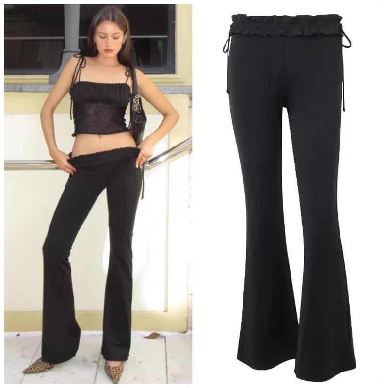  Quần thun legging ống loe cạp thấp nâng mông Unnie quần thun ống rộng có dây rút 