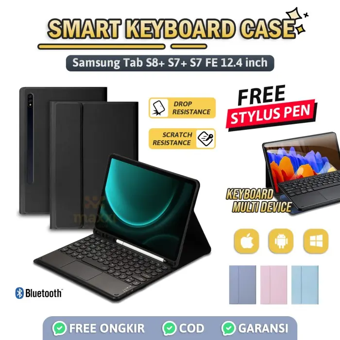 Case Keyboard For Samsung Galaxy Tab S8+ S7+ S7 FE Plus 12.4 Inch 2022 2020 SM WiFi LTE 5G Casing Smart Keyboard Bluetooth Cover Slot Pen Standing Bonus Stylus