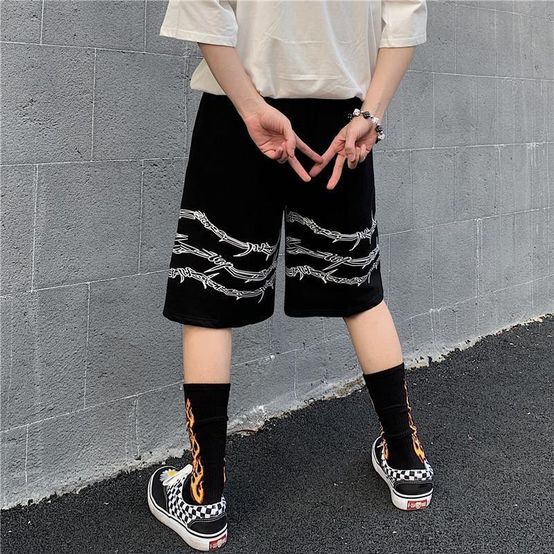 【Men in shorts】American Fashion Hip-Hop Fashion Thorns Printed Pants Teenagers Street Creativity Five Points Straight Shorts Men's Summer 6