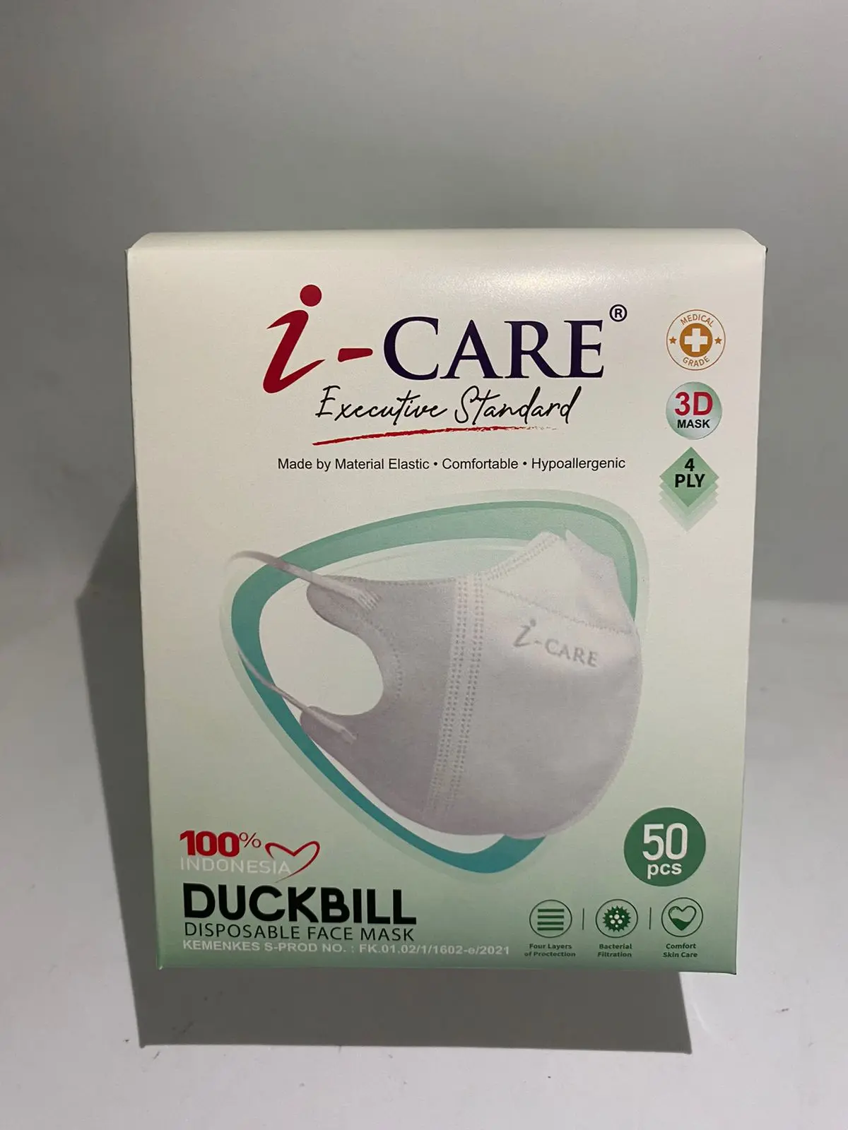 Morimoto I-Care Masker Duckbill 4PLY Mulut Emboss 1 Box Isi 50 Pcs dan Premium Quality untuk Dewasa & Remaja Putih