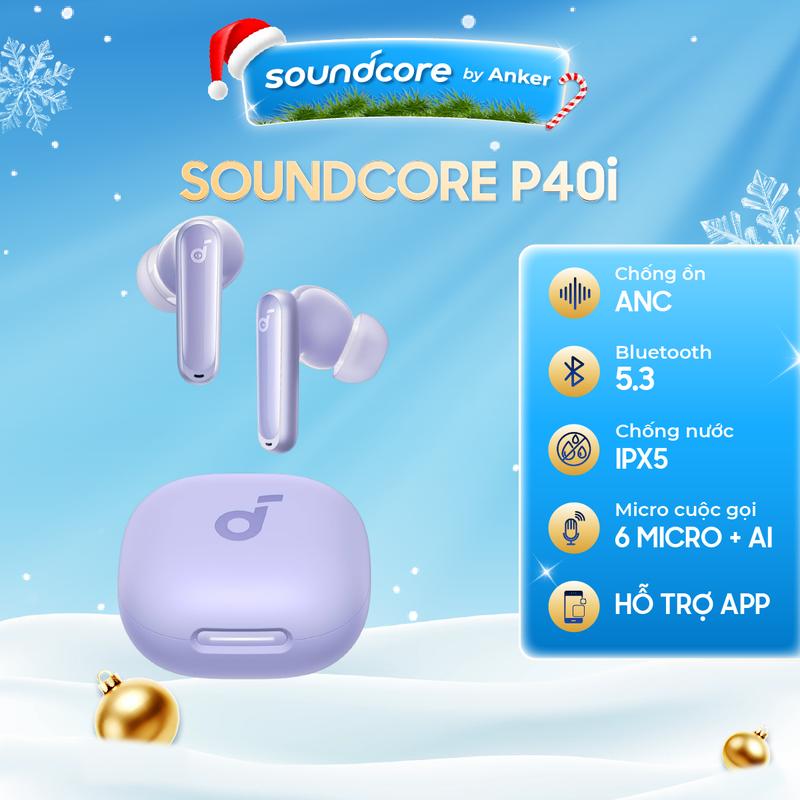 Tai nghe Soundcore by Anker P40i, Tai nghe không dây chống ồn, Chống ồn thích ứng với môi trường, Âm trầm mạnh, Thời gian phát 60 giờ, Ốp lưng và giá đỡ điện thoại 2 trong 1, IPX5, Sạc không dây, Bluetooth 5.3, Nhét Tai, Earphone, Nghe Nhạc