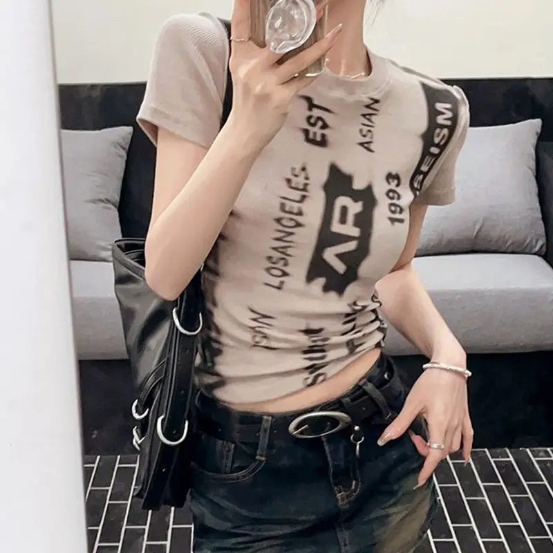 2024 Summer Y2K Spicy Girl American Street Print Short sleeved Women Slim Fit and Slim Drop Top