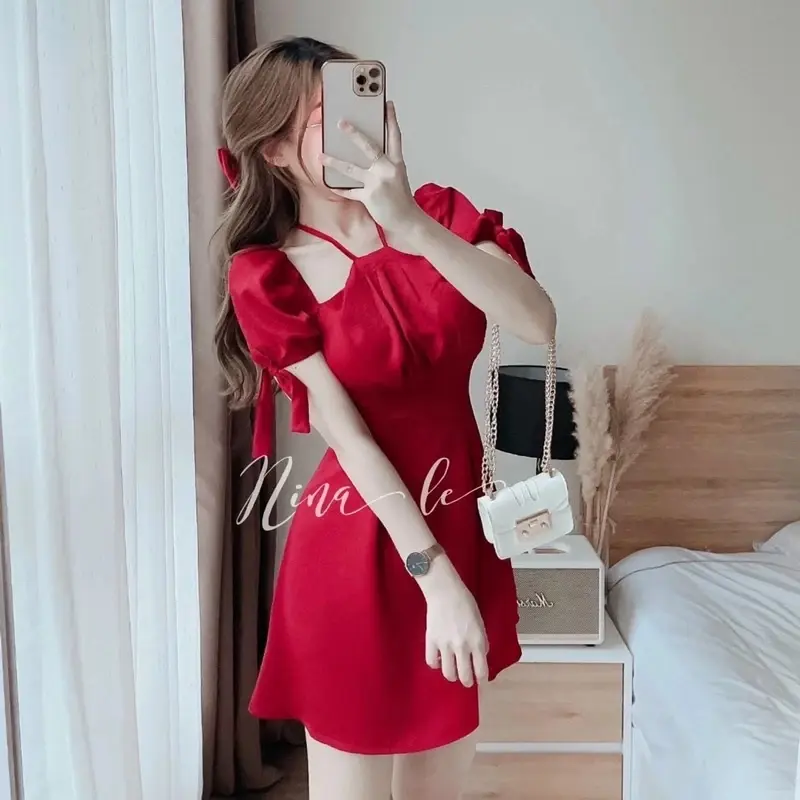 Đầm nữ ôm body tay buộc nơ trễ vai có mút ngực dáng xinh Thời Trang B.Y Tea Clothing Kem Women 5