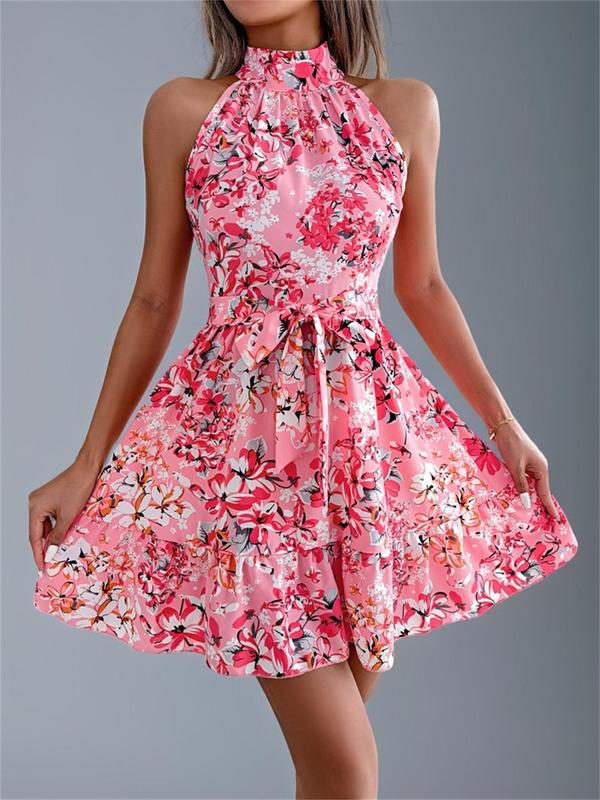 Women's All Over Floral Print Belted Dress, Casual Sleeveless Dress for Summer, Women's Clothes for Beach Holiday 3