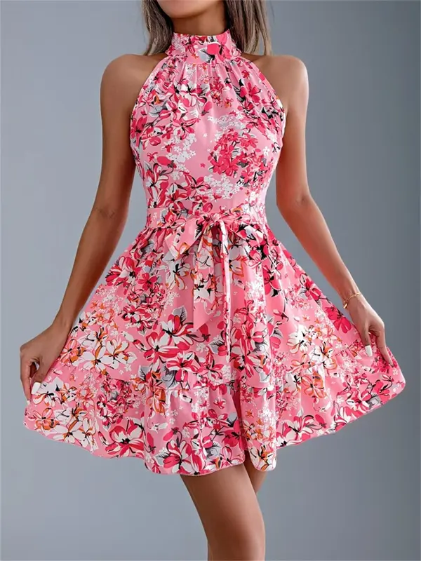 Women's All Over Floral Print Belted Dress, Casual Sleeveless Dress for Summer, Women's Clothes for Beach Holiday 3