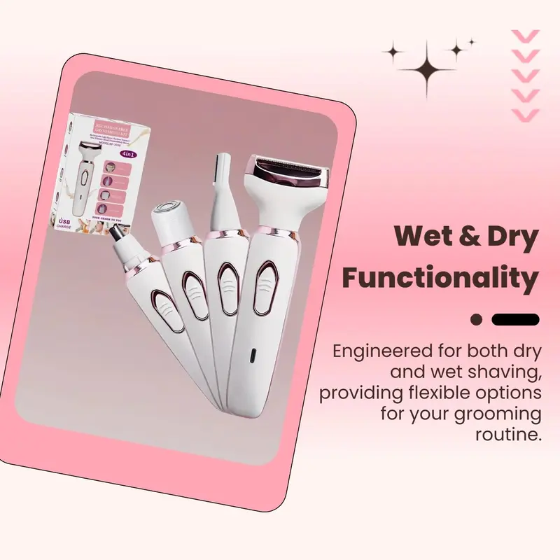 4 in 1 Electric Shaver, Rechargeable Women's Hair Trimmer Set, Wet and Dry Cordless Epilator for Eyebrows, Nose, Face, Legs, Underarms, Bikini, Facial, Shaving Products 1