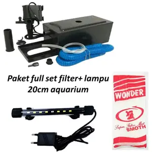 Paket full set box filter mini + lampu celup 20 cm aquarium siap pasang