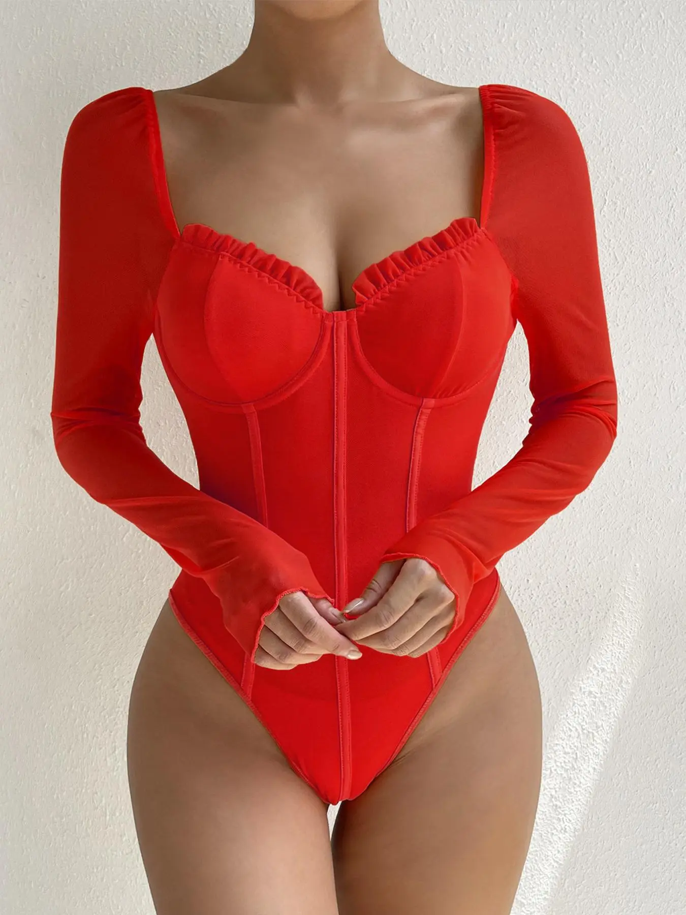 Women's Frill Sweetheart Neck Bodysuit, Tight Long Sleeve Bodysuit for Party Club Dating, Gyatt Bodysuit, Women's Clothing for Spring & Summer, Longsleeves Summer Clothes for Lady Valentine's Day, gift