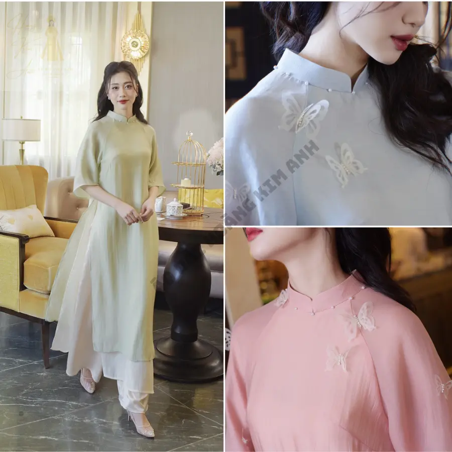 ÁO DÀI CÁCH TÂN 4 TÀ DÁNG SUÔNG NỮ TRƠN THIẾT KẾ CỔ ĐÍNH NGỌC MAY SẴN MÀU HỒNG, XANH CỐM, XANH DƯƠNG