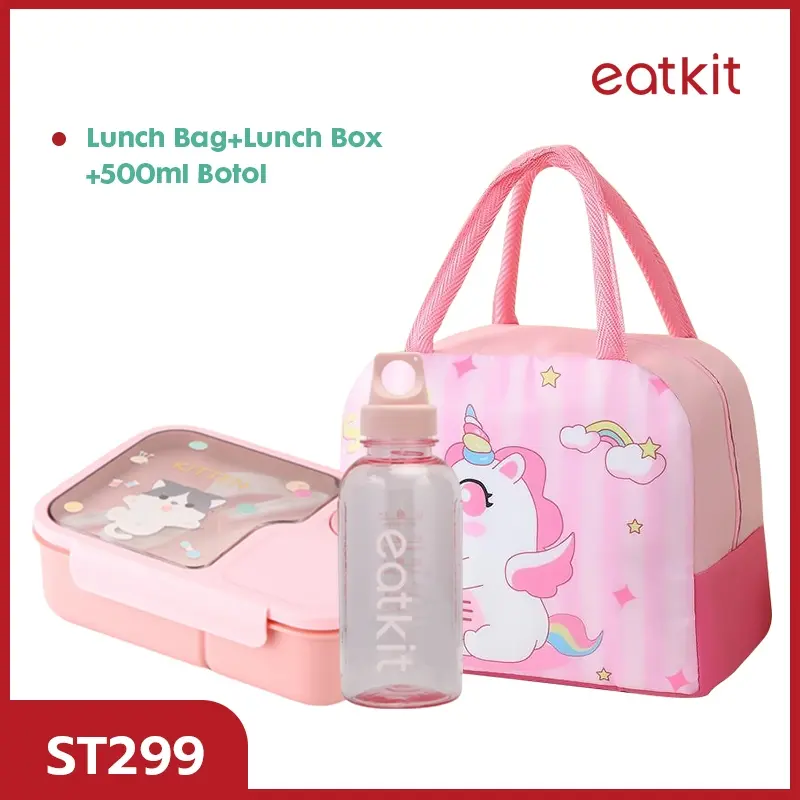 ready stock Eatkit Paket Tempat Makan Anak 1450ml Lunch Box Set 3 Sekat BPA Free Kotak Bekal Karakter Tas Bekal 8