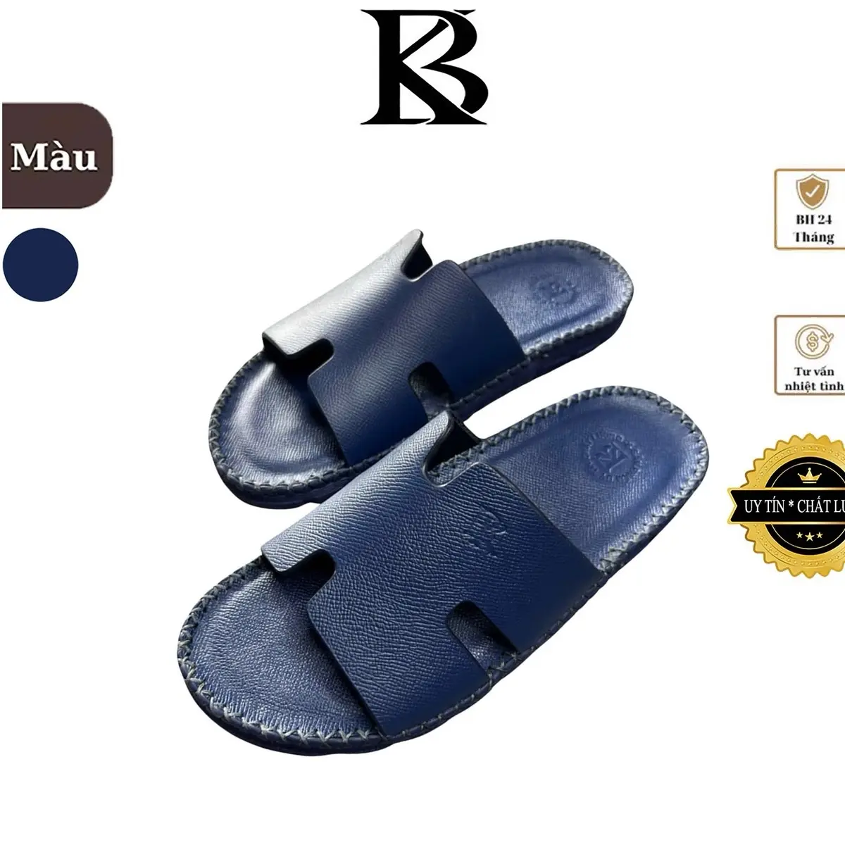Dép Nam HM022 da bò epsom |com-lê Xanh -Navy Quai Ngang Đế Bằng DéP Nam