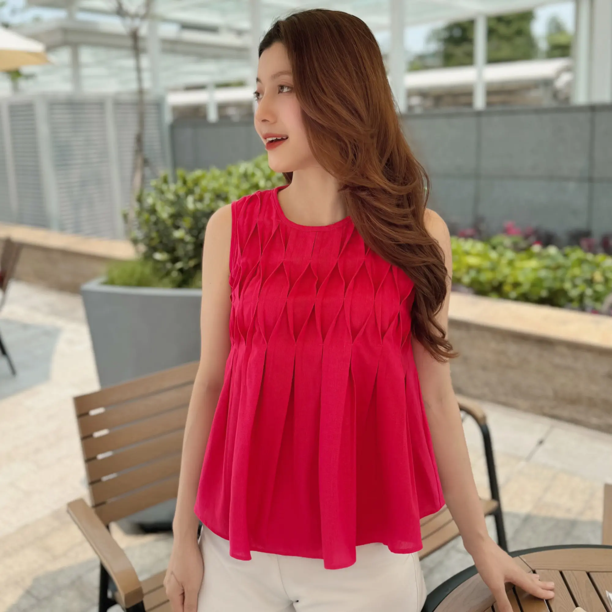 Áo nữ sát nách Oni.Clothes, Áo xếp ly quả trám không tay dáng babydoll siêu xinh, chất Linen cao cấp mềm mịn, dễ phối
