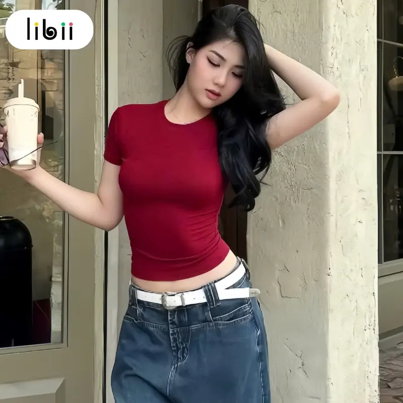 Áo thun body nữ ngắn tay cổ tròn LIBII Áo nữ dáng ôm thiết kế đơn giãn chất vải mềm mại co giãn C30 8