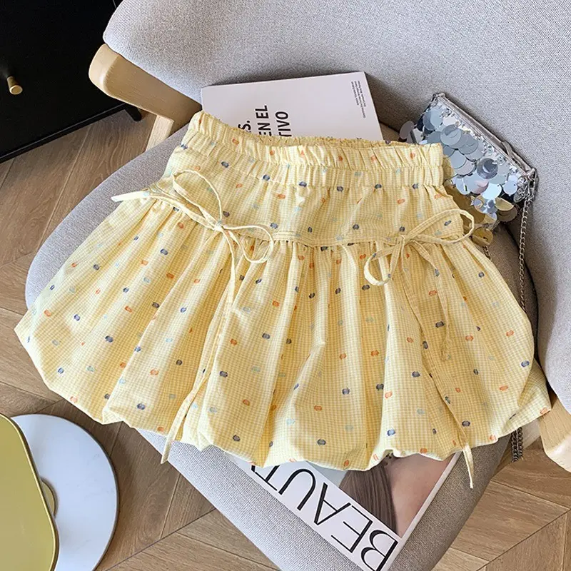Váy Ngắn Nụ Chấm Bi Màu Vàng, Thời Trang Ngọt Ngào Và Dễ Thương, Váy Chữ A Nữ, Thiết Kế Nơ Khuy Women