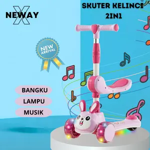 NewayX Skuter Mainan Anak Kelinci Smile 2 in 1 Scooter Lipat 2in1 Bangku Roda Tiga Lampu Musik Rem Toys
