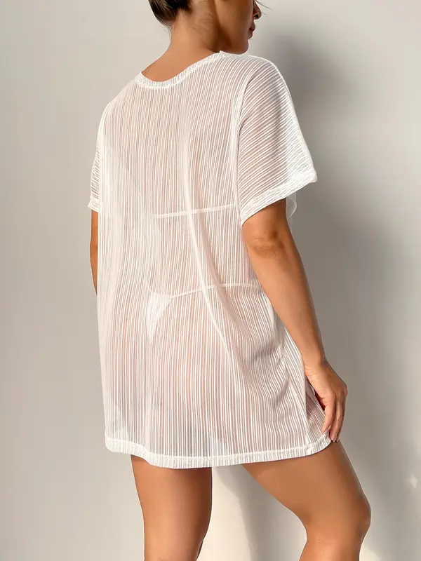 Women's Plain Sheer Batwing Sleeve Cover Up, Summer Clothes Women Boho Casual Mesh Short Sleeve Round Neck Cover Up, Ladies Summer Clothes, Clothing 1
