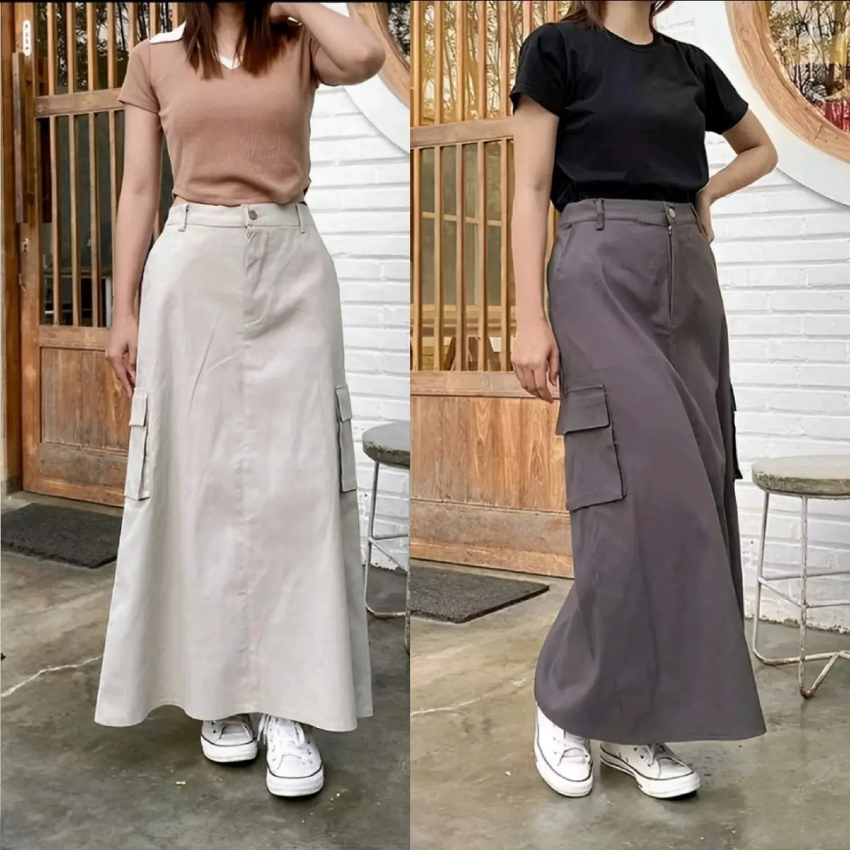 Rok Cargo Skrit - Rok Cargo Jumbo Bahan Twill Combed Premium Stretch korean Tali Serut A-Line
