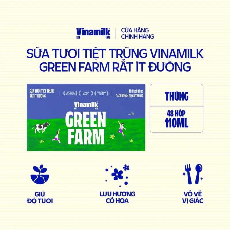 2 Thùng Sữa Tươi Tiệt Trùng Vinamilk Green Farm rất ít đường 110ml 48 hộp/thùng 2