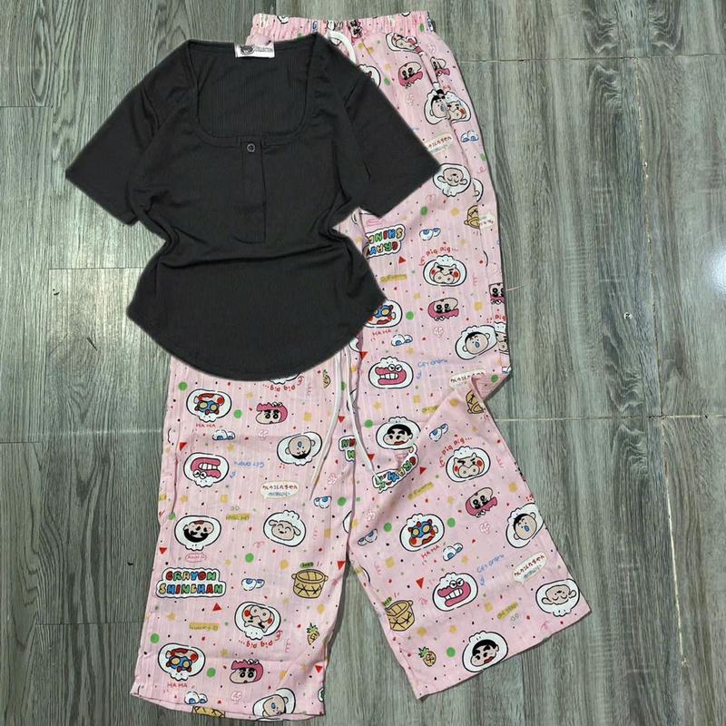 80.B32 Set bộ áo cổ tròn bầu có nút tay ngắn quần suông in hoạt hình labu quần chất đũi Kem Nữ Women Voi Top 5