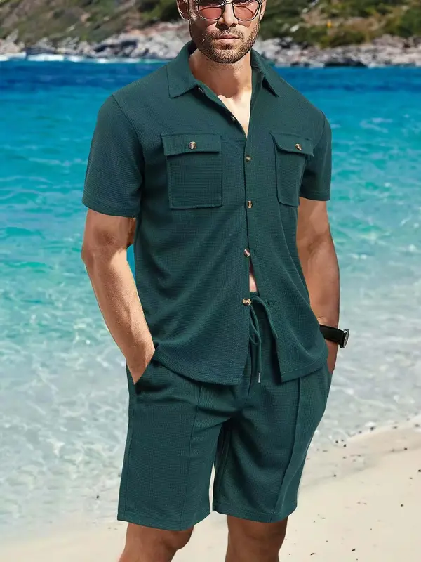 Two-Piece Set Men's Solid Color Waffle Knit Utility Shirt & Shorts, Casual Short Sleeve Collared Top & Shorts for Summer, Men's Clothes for Beach Vacation, Menswear 5
