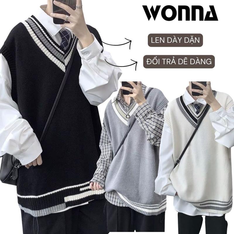 Áo gile len nam nữ trắng đen xám sọc viền Hàn Quốc unisex form rộng khoác ulzzang mới 2023 đồng phục PREPPY gilet