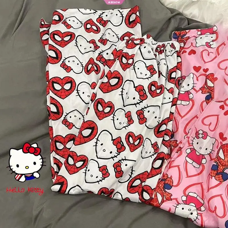 Quần Dài Ngủ, Thiết Kế Hello Kitty Và Người Nhện, Phong Cách Anime, Làm Bằng Bông, Quần ống rộng, Phong Cách Hoạt Hình, Mỏng, Thích Hợp Cho Quần Áo Đi Chơi Và Mặc Nhà, Quần Ngủ Nữ Women 8
