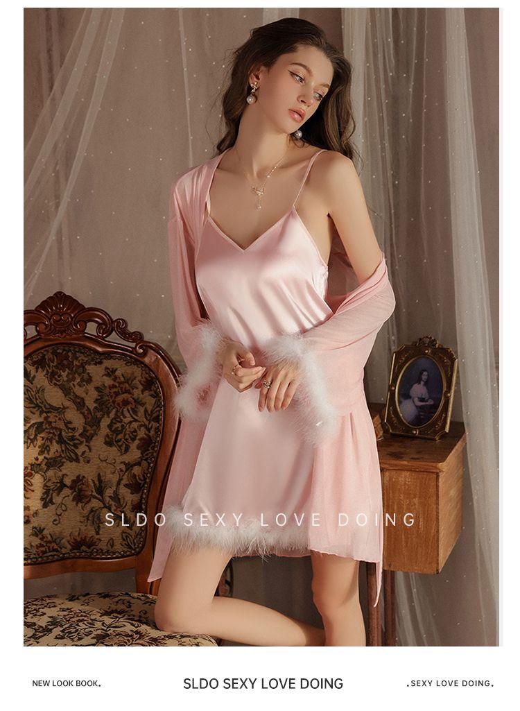 Product Introduction of High Quality in Stock-Limited Offer Sldo Flagship Store French Advanced Sense Long Sleeve Nightgown White Feather Princess Loose Sexy Morning Gowns-TK Hot Sale Quality Certification Womenswear Loungewear Original Nightwear 31
