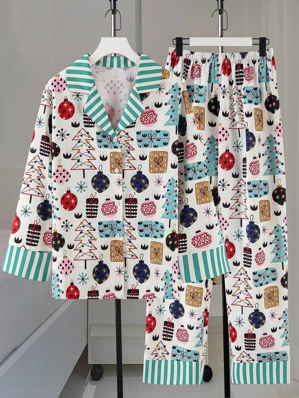 Women's All Over Cartoon Print Loungewear Set, Fashion Lapel Collar Button Front Blouse & Elastic Waist PJ Pants, Women's Sleepwear for Fall, Valentine's Day Gift for Girl 1