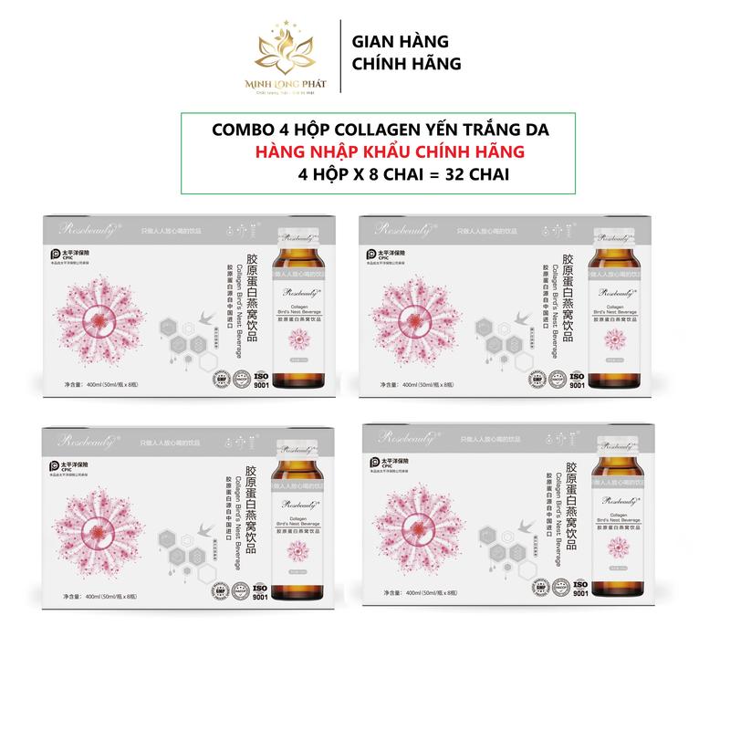 (COMBO 4 HỘP 32 chai) Hộp 8 chai nước uống đẹp da Collagen Rosebeauty Birds Nest Beverage Nhập khẩu chính hãng, Hỗ trợ giúp da sáng hồng rạng rỡ