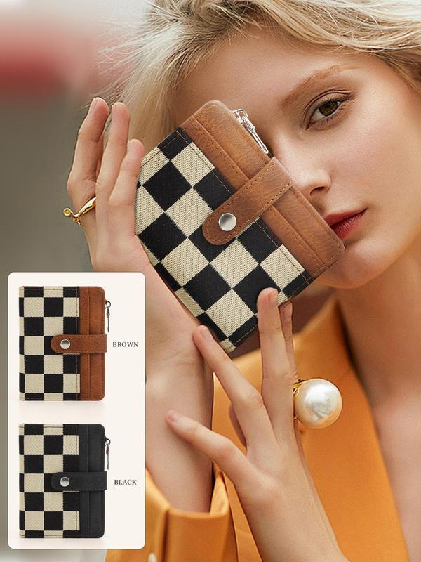 Women's Checked Pattern Short Wallet, Casual Plain Color Bifold Wallet with ID Window, Multi Card Slot Card Holder for Daily Used 8