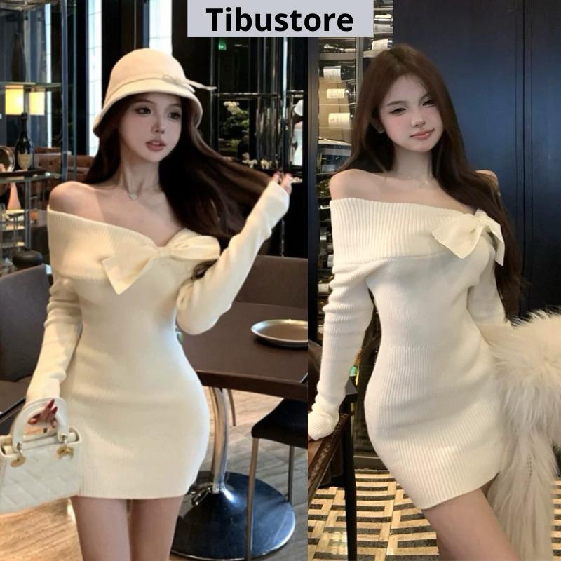  Đầm Body Trễ Vai Tay Dài Đính Nơ TIBU Đầm Ngắn Nữ Tôn Dáng Sang Chảnh Đi Chơi Noel Tết D236 