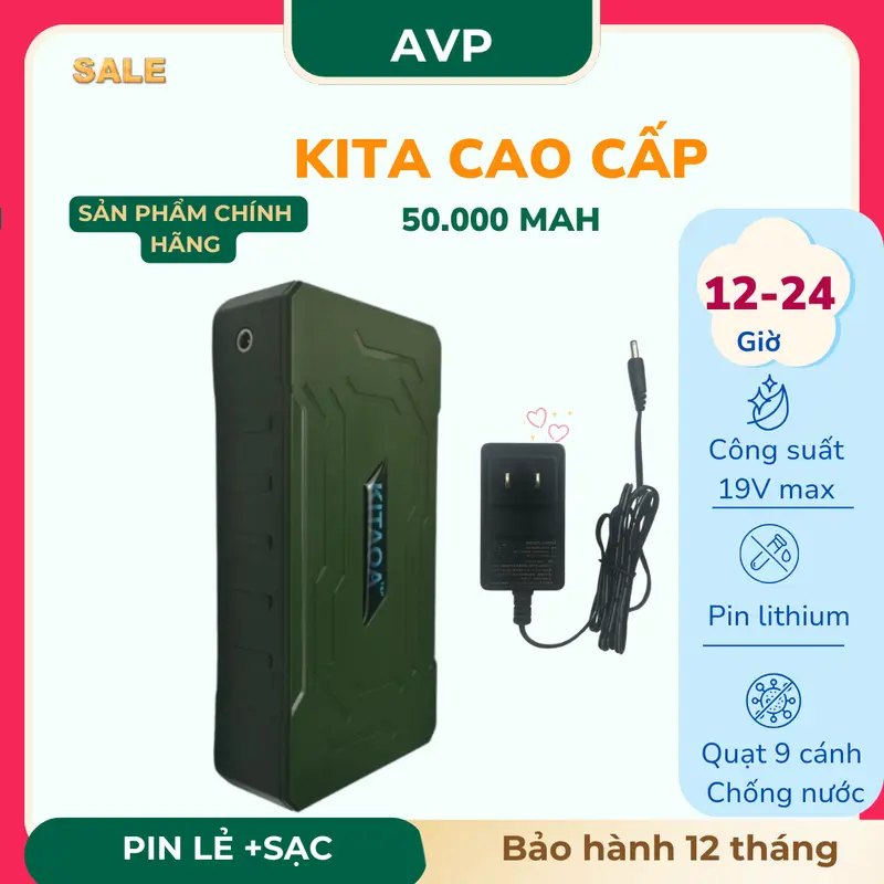 Bộ Phụ Kiện Cao Cấp KITA.OA 50000 mAH 19 V. Quạt 9 cánh không chổi than chống nước . Chạy trên 12 h với số max 3