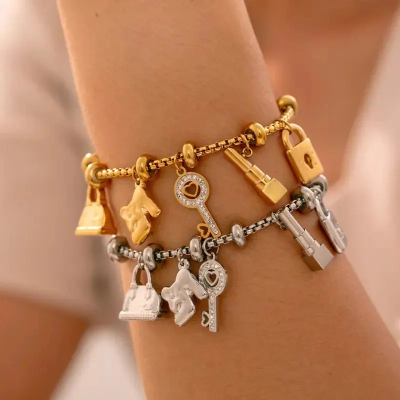 Multi-pendant stainless steel bracelet women gold plated no tarnish women charm bracelet women luxury jewelry